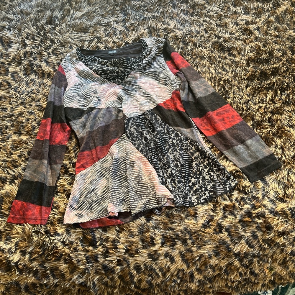 Chic Patchwork Long Sleeve Top - Red, Black, Gray - image 1